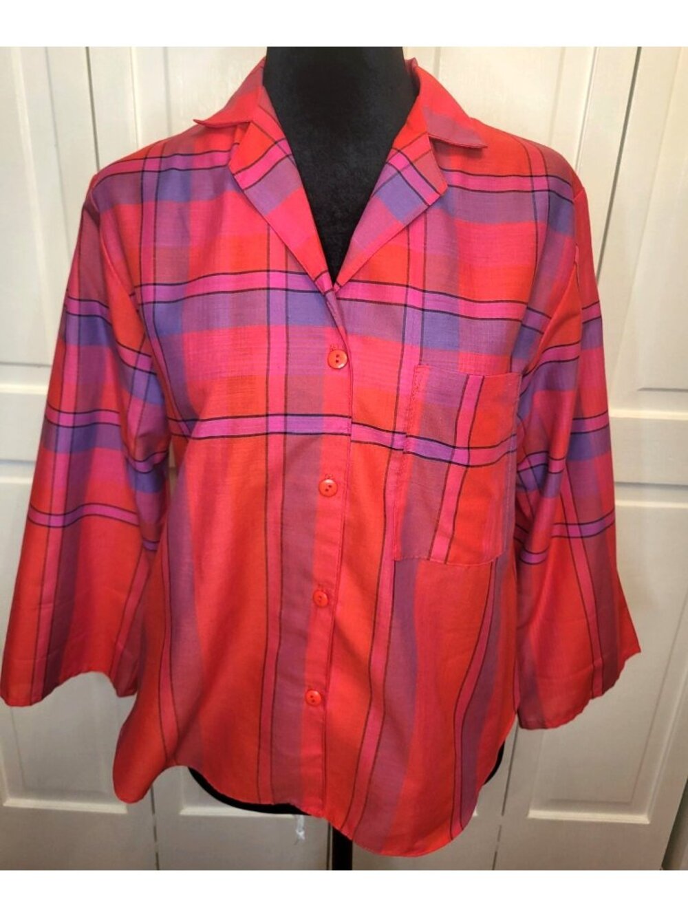 Vintage 80s Fritzi Red Purple Plaid Button Up Pocket M Preppy Western Retro